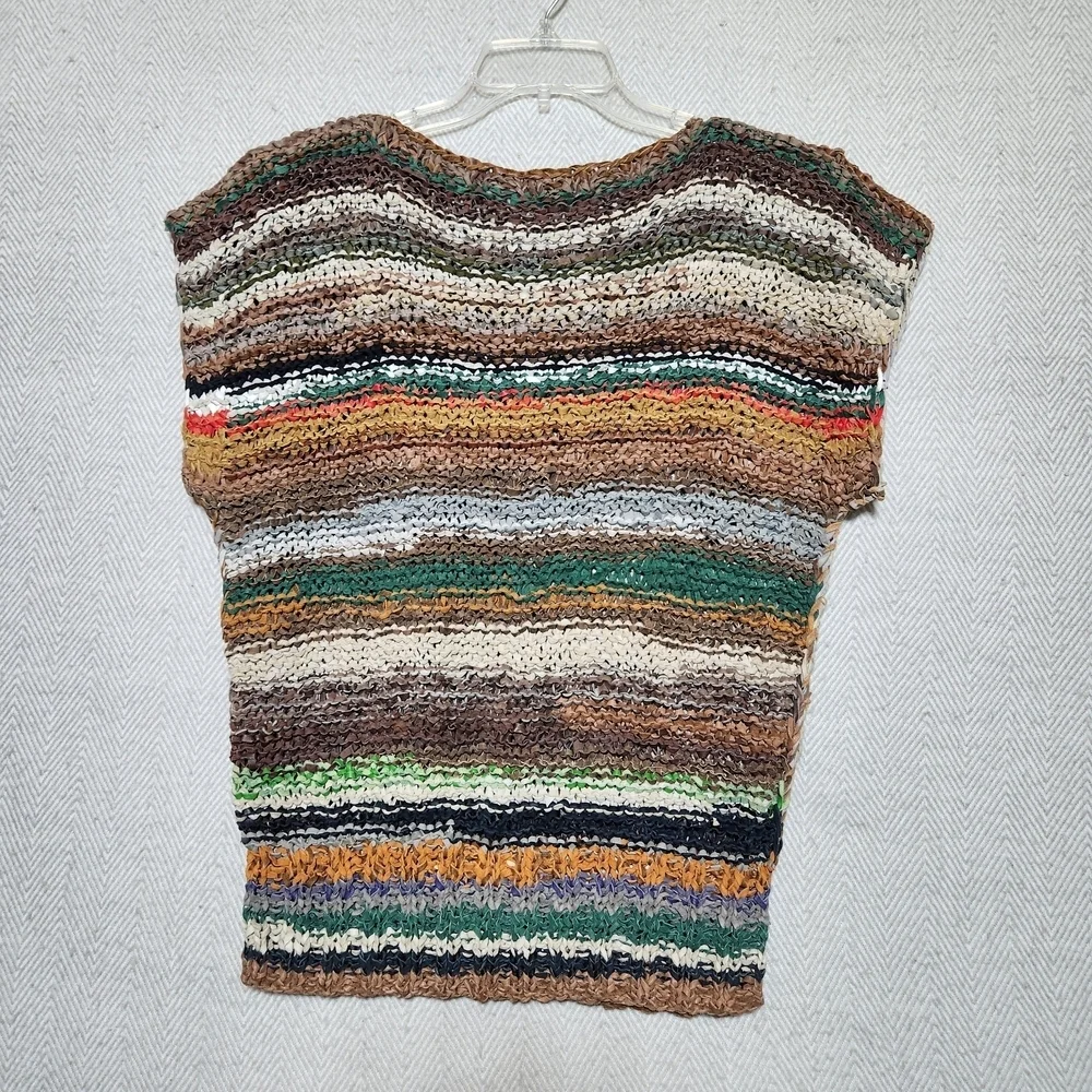 100% Leather Knit Sweater Medium Multicolor w/ Leaf Design Browm Blue Green Tan - Picture 2 of 7